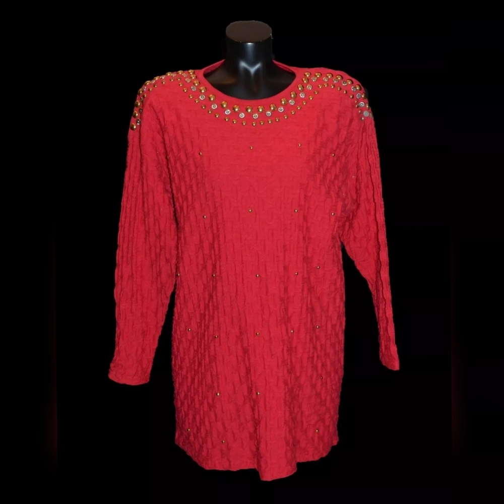 Focus Brand Vintage 80s Red Over sized Gold Studded Tunic Shirt top One Size